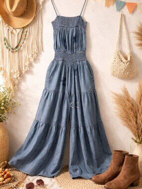 New Blue Velvet S/M Smocked Tiered Wide Leg Chambray Jumpsuit Adjustable